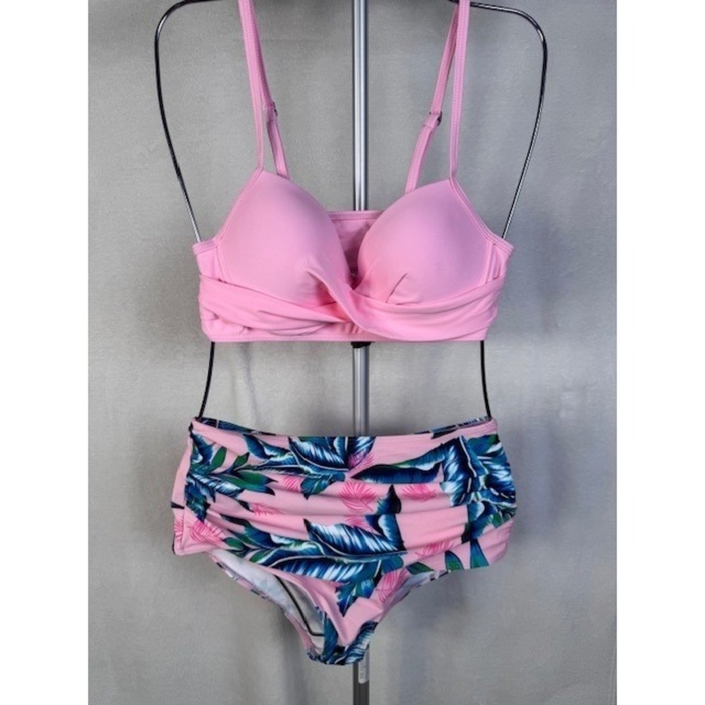 NWOT Two piece High waisted push up pink blue green island hawaiin Size M